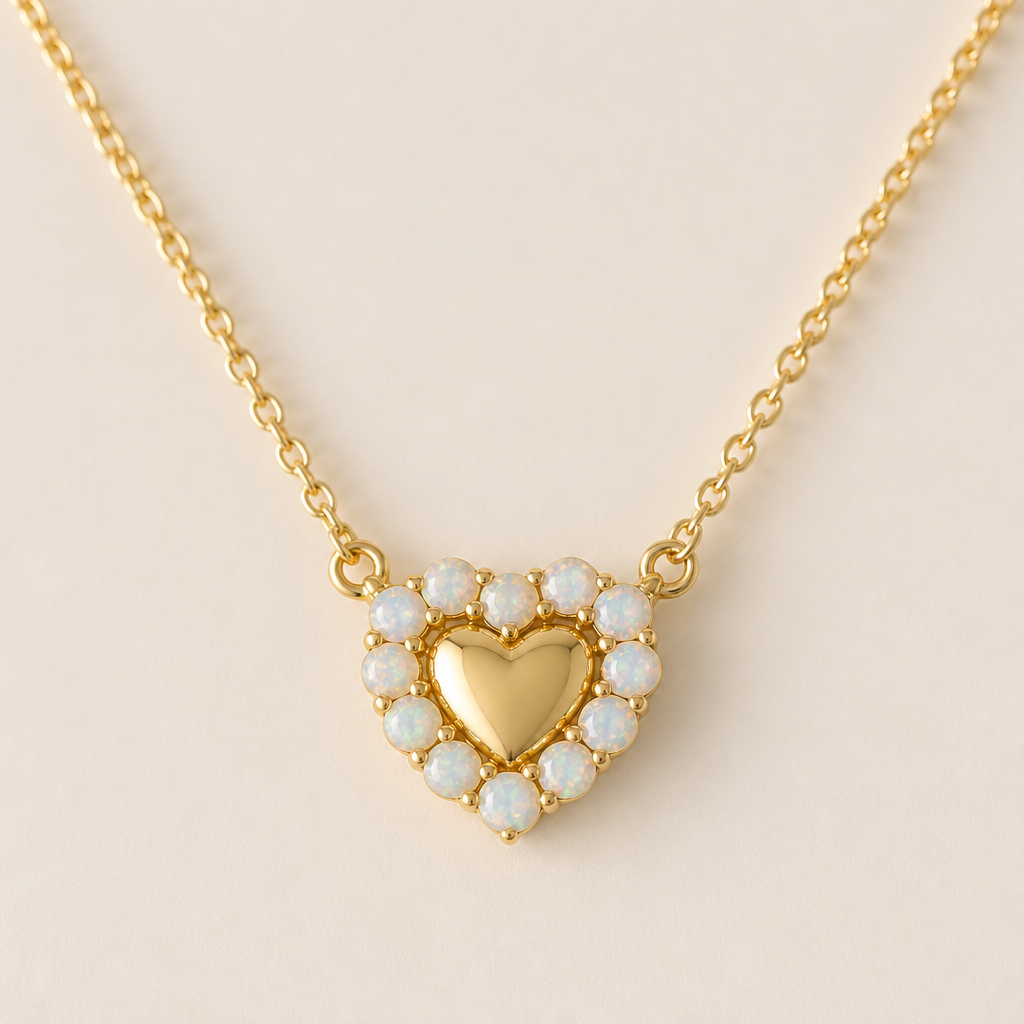Create another little heart necklace made of yellow gold and heart surrounded by tiny opals
photorealistic jewelry design, Create another little heart necklace made of yellow gold and heart surrounded by tiny opals
, just the design no text