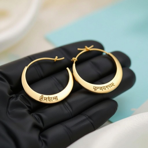 Серьги золотые в форме полумесяца, полукруг как продолжение застежки, на полукруге надписи мантрами на санскрите