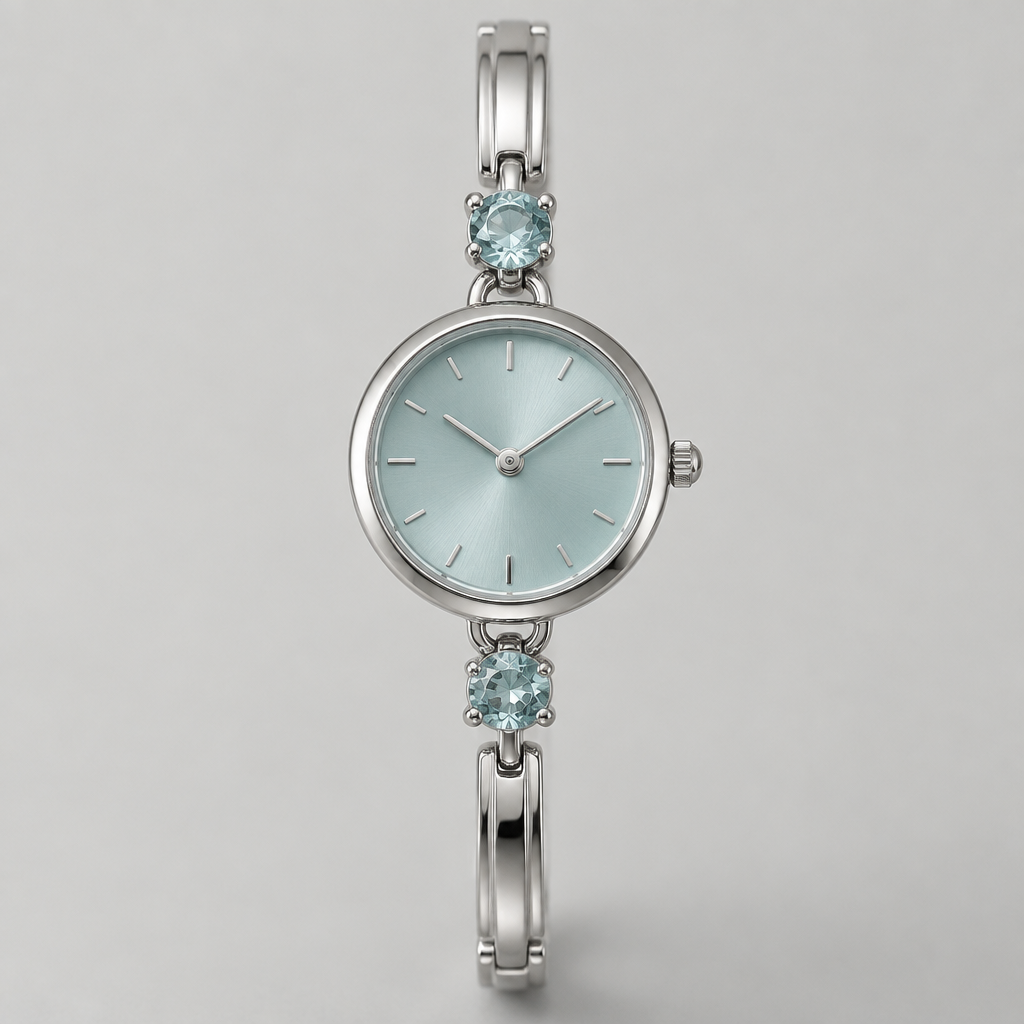 A solitaire women's watch made of silver with aquamarine stones, minimalist, simple and delicate, clean lines
photorealistic jewelry design, A solitaire women's watch made of silver with aquamarine stones, minimalist, simple and delicate, clean lines, solitaire style, just the design no text