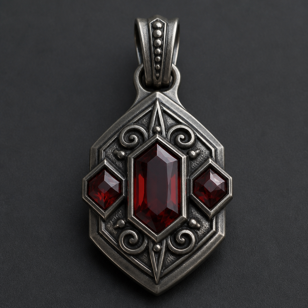 A vintage men's pendant made of titanium with garnet stones
photorealistic jewelry design, A vintage men's pendant made of titanium with garnet stones, vintage style, just the design no text