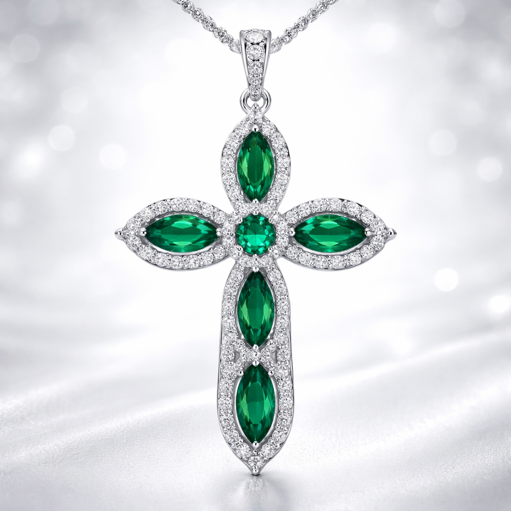 Marquise cut emerald white gold cross with diamonds