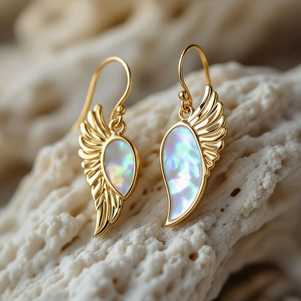 Серьги золотые в виде белого крыла ангела из перламутра 