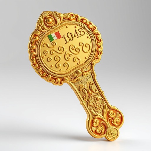 A luxurious, key-shaped gold ingot (24k) weighing 10 grams, designed as a symbolic tribute to Palestinian heritage. The front face features a delicate engraving of the Palestinian keffiyeh pattern wrapping the entire surface subtly, with a circular head and a clean matte finish. Below the head, the number 1948 is discreetly inscribed, evoking historical memory. The reverse side includes standard bar markings — weight, purity (999.9), and assay certification. No hole or loop is present. The design blends modern elegance with deep cultural symbolism, ready for presentation in premium packaging.