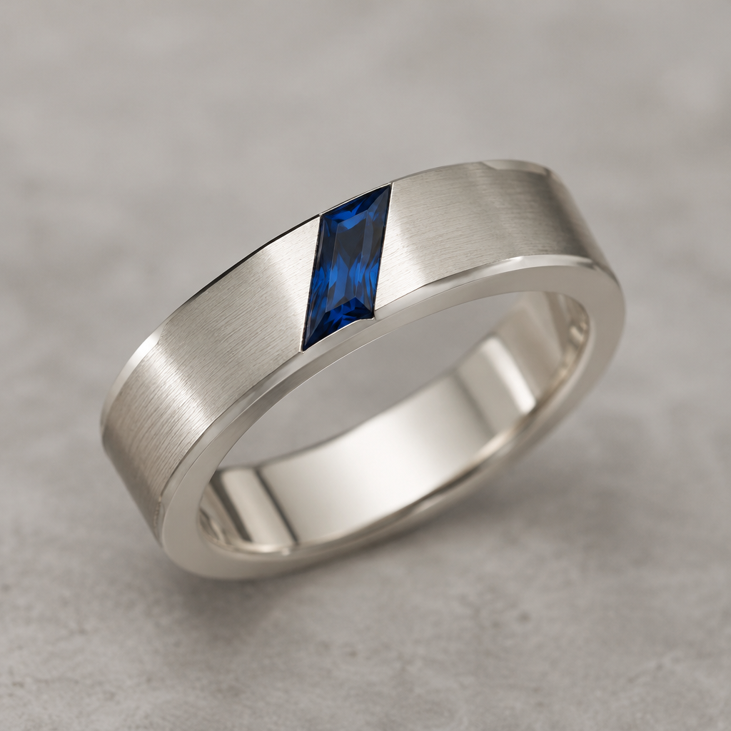 A men's ring made of white gold. weißgold ring, ca 4-5mm breit. einen blauen spinell als Stein, wie ein parallelogramm vorne in den Ring eingelegt, ca 2mm breit
photorealistic jewelry design, A men's ring made of white gold. weißgold ring, ca 4-5mm breit. einen blauen spinell als Stein, wie ein parallelogramm vorne in den Ring eingelegt, ca 2mm breit, modern style, just the design no text