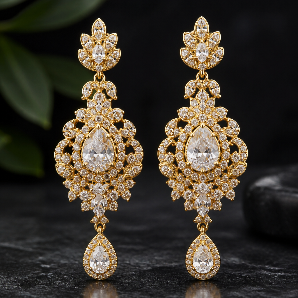 A luxury women's earrings made of gold with diamond stones suitable for engagement, highly ornate, intricate and elaborate, richly detailed
photorealistic jewelry design, A luxury women's earrings made of gold with diamond stones suitable for engagement, highly ornate, intricate and elaborate, richly detailed, luxury style, just the design no text