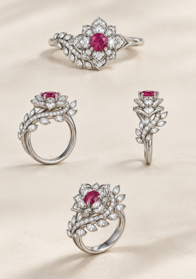 Sketch to design: white gold, pink red ruby and diamonds
Turn this jewelry sketch into a photorealistic photograph of the finished piece, professionally lit on a clean display surface. Stay faithful to the sketch's design, proportions and details. No text, no annotations, just the finished jewelry photograph. Metal, stones and finish directions: white gold, pink red ruby and diamonds.