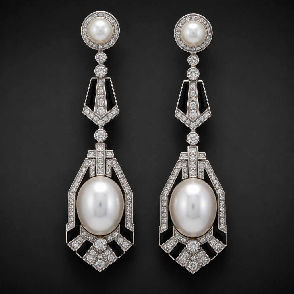 A art deco women's earrings with pearl stones
photorealistic jewelry design, A art deco women's earrings with pearl stones, art_deco style, just the design no text
