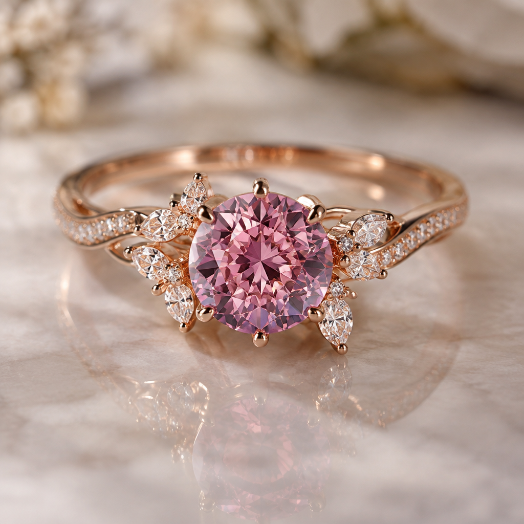 A bespoke/custom women's ring with garnet stones. Elegant but striking piece, lavender to pastel pink color-change garnet, flawless, clear round cut, 1ct as central piece with diamond accents
photorealistic jewelry design, A bespoke/custom women's ring with garnet stones. Elegant but striking piece, lavender to pastel pink color-change garnet, flawless, clear round cut, 1ct as central piece with diamond accents, bespoke_custom style, just the design no text