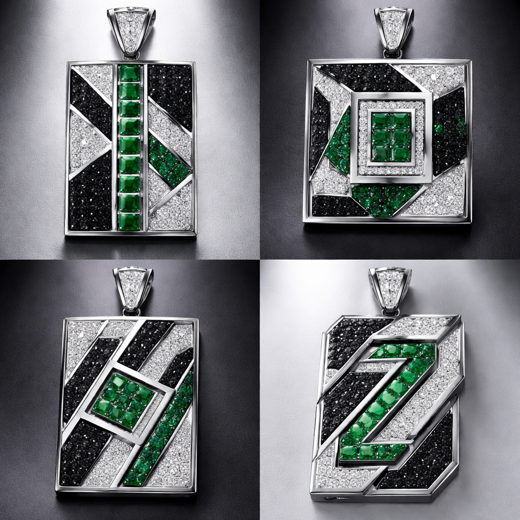 Geomatric pendant for men of rectangular and sqaure shape of white and blcak diamonds and green of unique designs and special shape