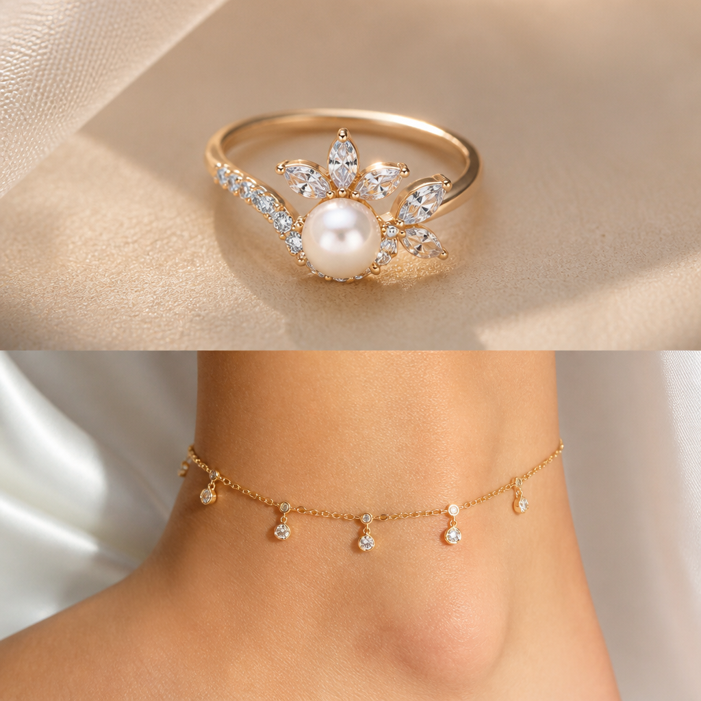 A women's ring with diamond and pearl stones. Delicate Diamond Anklet
photorealistic jewelry design, A women's ring with diamond and pearl stones. Delicate Diamond Anklet, modern style, just the design no text