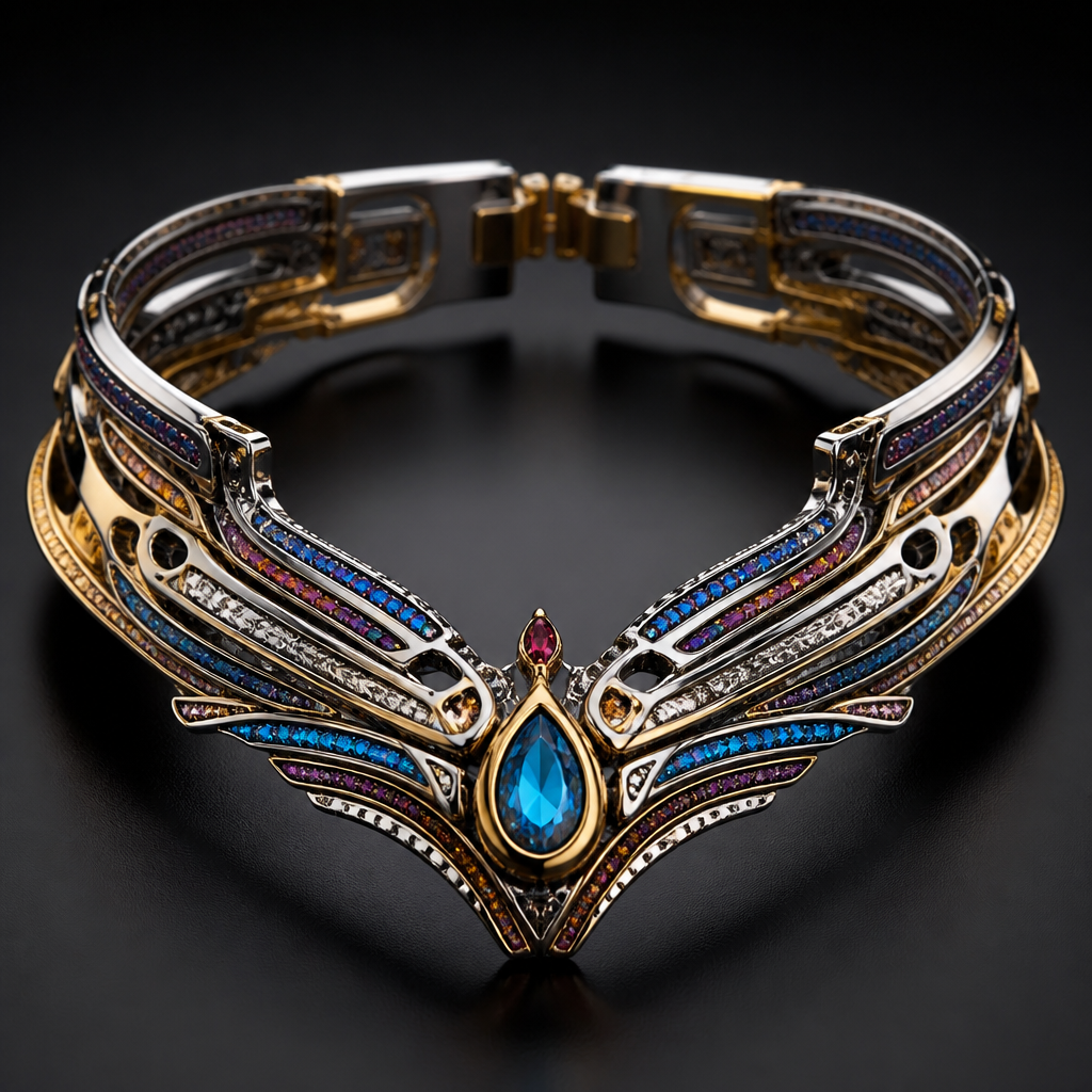 A women's ring, highly ornate, intricate and elaborate, richly detailed. multicolour colourful metallic futuristic chocker
photorealistic jewelry design, A women's ring, highly ornate, intricate and elaborate, richly detailed. multicolour colourful metallic futuristic chocker, modern style, just the design no text