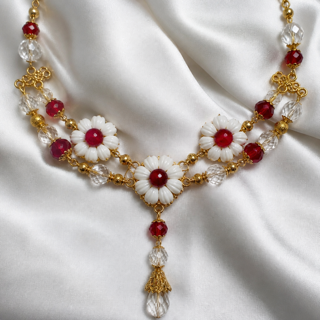 "Murano glass white flower beads with red center beads gold beads and findings with rock crystal quartz beads and red crystal beads
photorealistic jewelry design, "Murano glass white flower beads with red center beads gold beads and findings with rock crystal quartz beads and red crystal beads
, victorian style, just the design no text