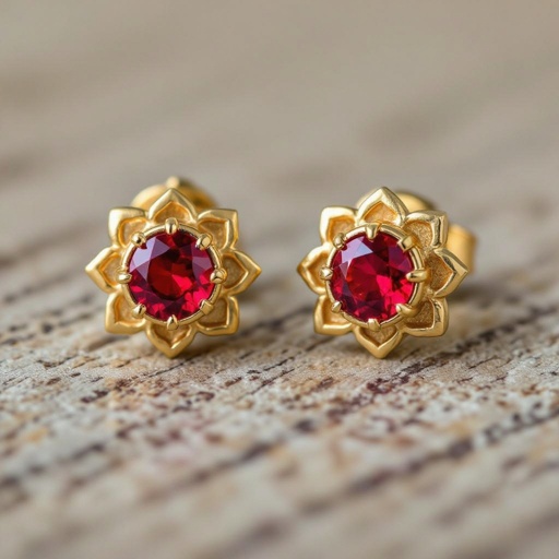  золотые матовые серьги в виде изображения чакры муладхары с красным камнем