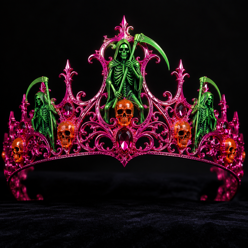 A gothic women's tiara suitable for formal. neon pink crown with neon green reaper with neon orange skulls
photorealistic jewelry design, A gothic women's tiara suitable for formal. neon pink crown with neon green reaper with neon orange skulls, gothic style, just the design no text