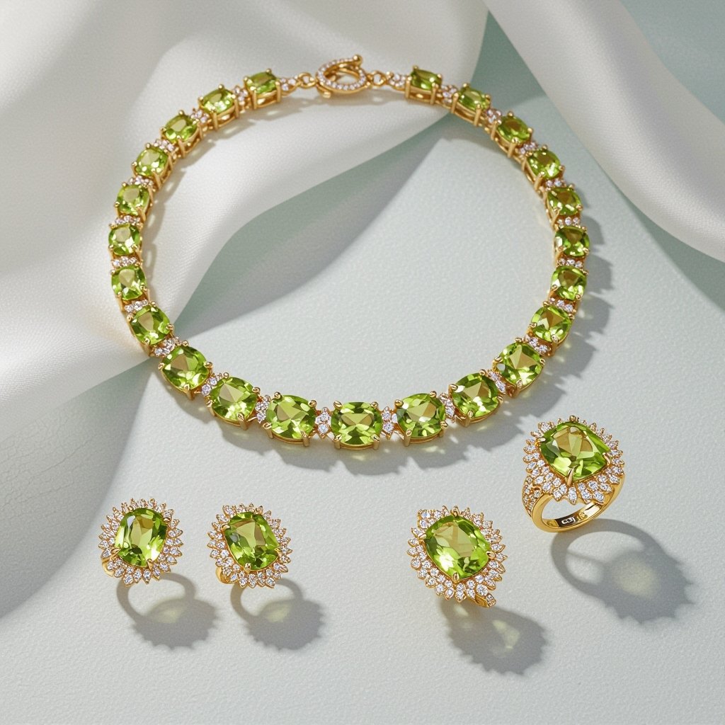 Necklace and earring and rings within peridot and diamond with gold