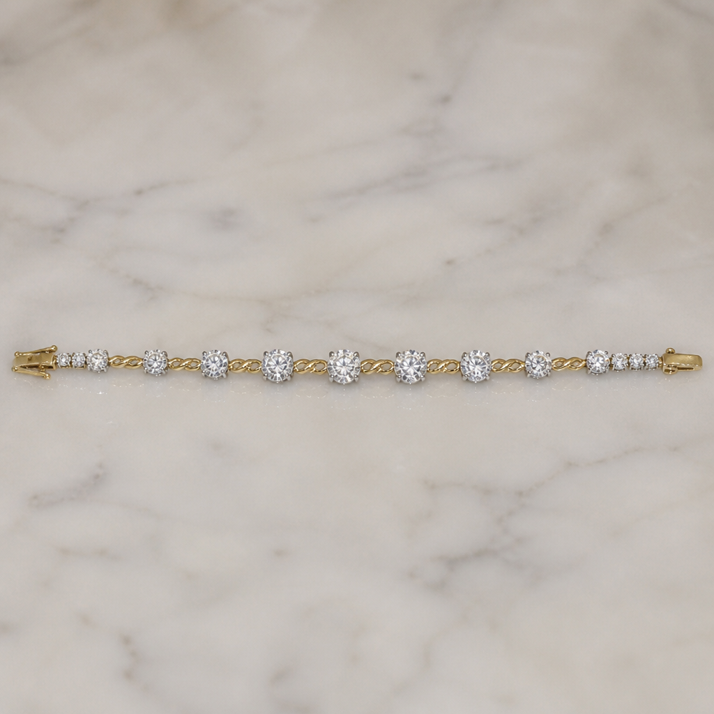 I have 13 diamonds and I want to make a bracelet. I can’t change the sizes of the stones because these are the only ones I have available. I want these 13 diamonds arranged into 7 stations with twist links in this order: Start Clasp, Twist, 2.6mm, Twist, 3.4mm, 3.7mm, Twist, 3.95mm, 4.25mm, 4.45mm, Twist, 4.4mm, 4.24mm, 3.95mm, Twist, 3.8mm, 3.35mm, Twist, 2.55mm, Twist, end Clasp.
The attached photo shows how it’s constructed with diamonds linked together and each station separated by yellow gold twisted links. Diamonds are set in white gold prong settings like the photo.
Create a photo using my stone sizes and layout described above.
photorealistic jewelry design, I have 13 diamonds and I want to make a bracelet. I can’t change the sizes of the stones because these are the only ones I have available. I want these 13 diamonds arranged into 7 stations with twist links in this order: Start Clasp, Twist, 2.6mm, Twist, 3.4mm, 3.7mm, Twist, 3.95mm, 4.25mm, 4.45mm, Twist, 4.4mm, 4.24mm, 3.95mm, Twist, 3.8mm, 3.35mm, Twist, 2.55mm, Twist, end Clasp.
The attached photo shows how it’s constructed with diamonds linked together and each station separated by yellow gold twisted links. Diamonds are set in white gold prong settings like the photo.
Create a photo using my stone sizes and layout described above. , just the design no text