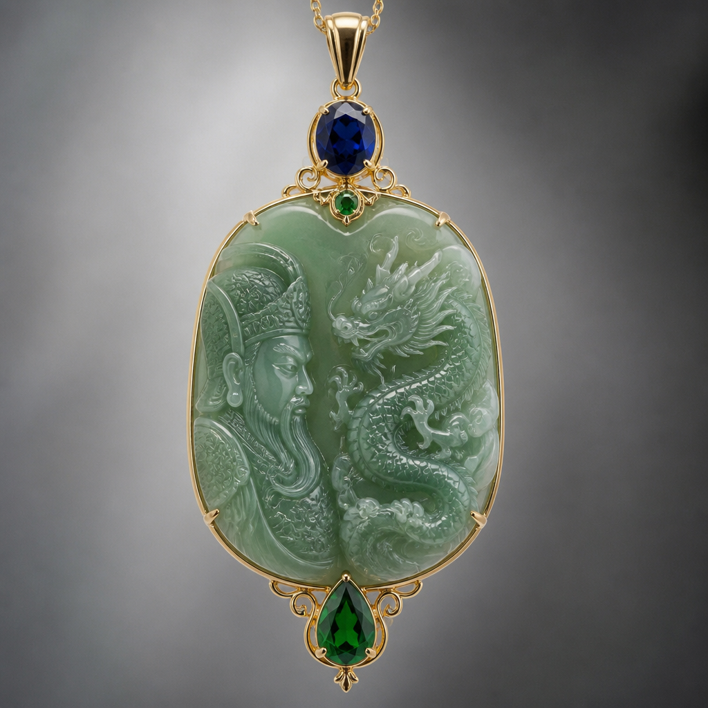 A women's pendant with sapphire and emerald stones suitable for daily wear. mi joya va a ser una que haga que las personas puedan sentir la presencia el respeto hacia esa persona que es esa persona se sienta elegante esa persona que su presencia llene todo cuando esté utilizando el colgante q sea un colgante de jade con dos piedras preciosas q tengan un diseño de emperador y un dragón
photorealistic jewelry design, A women's pendant with sapphire and emerald stones suitable for daily wear. mi joya va a ser una que haga que las personas puedan sentir la presencia el respeto hacia esa persona que es esa persona se sienta elegante esa persona que su presencia llene todo cuando esté utilizando el colgante q sea un colgante de jade con dos piedras preciosas q tengan un diseño de emperador y un dragón, modern style, just the design no text