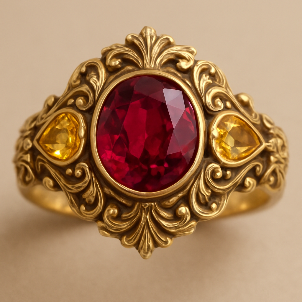 Ruby engagement ring with citrine and topaz inlays with nature themes