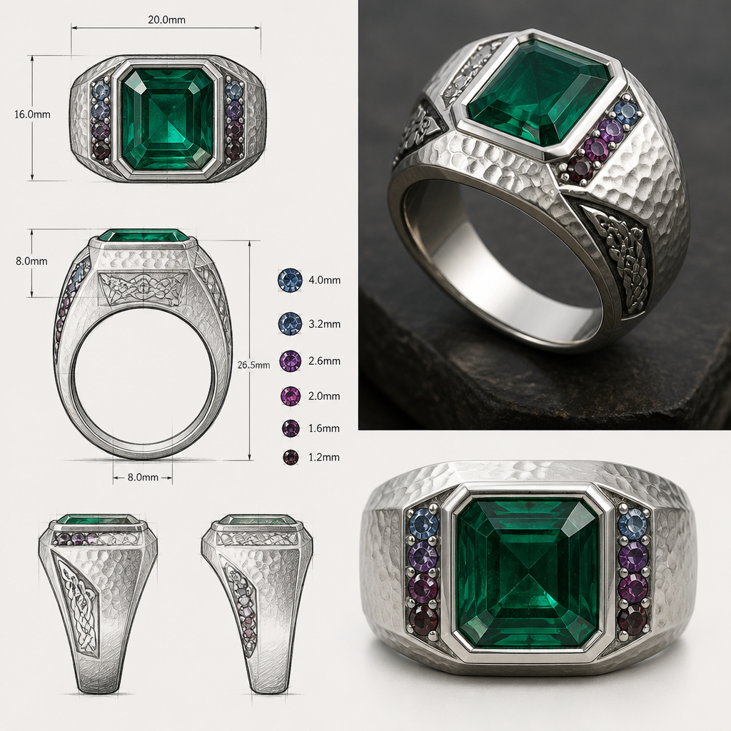 A avant-garde men's ring made of silver with emerald and garnet stones. a square emerald cut 11mm by 11mm emerald in a signet ring with garnets on the side between 3 and 6 on each side that goes from really dark red almost black to purple and then blueish garnet at the top on the sides close to the emerald also making the blueish garnet 4mm and going a size smaller until the dark red at the bottom at 1.2mm
i would like a detailed sketch with mesures and also a photo realistique of the ring
id like some scandinavian ingraving
and a hammered texture on the top half that slowly transition to a polished finish on the bottom of the ring
photorealistic jewelry design, A avant-garde men's ring made of silver with emerald and garnet stones. a square emerald cut 11mm by 11mm emerald in a signet ring with garnets on the side between 3 and 6 on each side that goes from really dark red almost black to purple and then blueish garnet at the top on the sides close to the emerald also making the blueish garnet 4mm and going a size smaller until the dark red at the bottom at 1.2mm
i would like a detailed sketch with mesures and also a photo realistique of the ring
id like some scandinavian ingraving
and a hammered texture on the top half that slowly transition to a polished finish on the bottom of the ring, avant_garde style, just the design no text