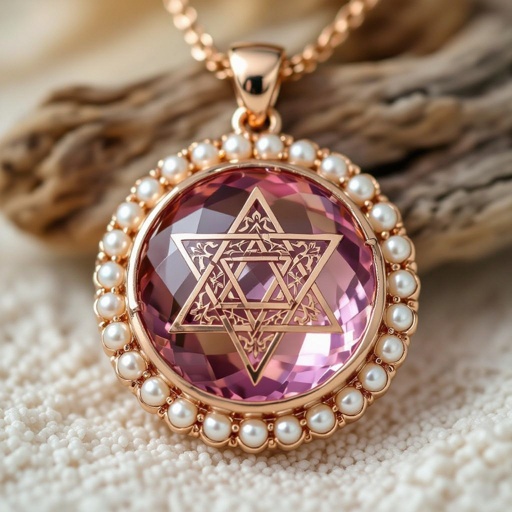 A Merkabah symbol with pink quartz and pearls