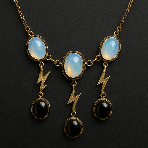 Opalite and onyx necklace linked with gold lightening strikes
