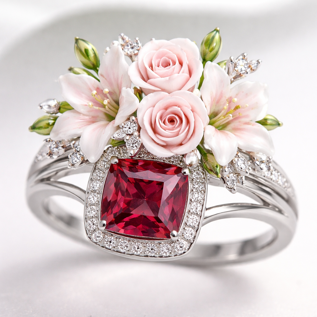 A women's ring. um brinco delicado feito com cerâmica fria em formato de rosas e lírios na parte central com rubi quadriculado na base