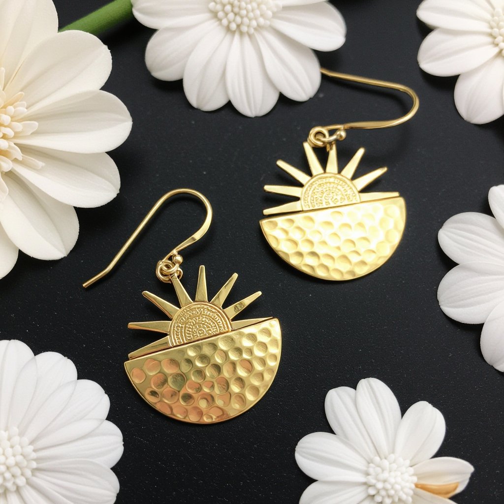 Золотые серьги полукруг половинка горящего солнца мятое неровное золото