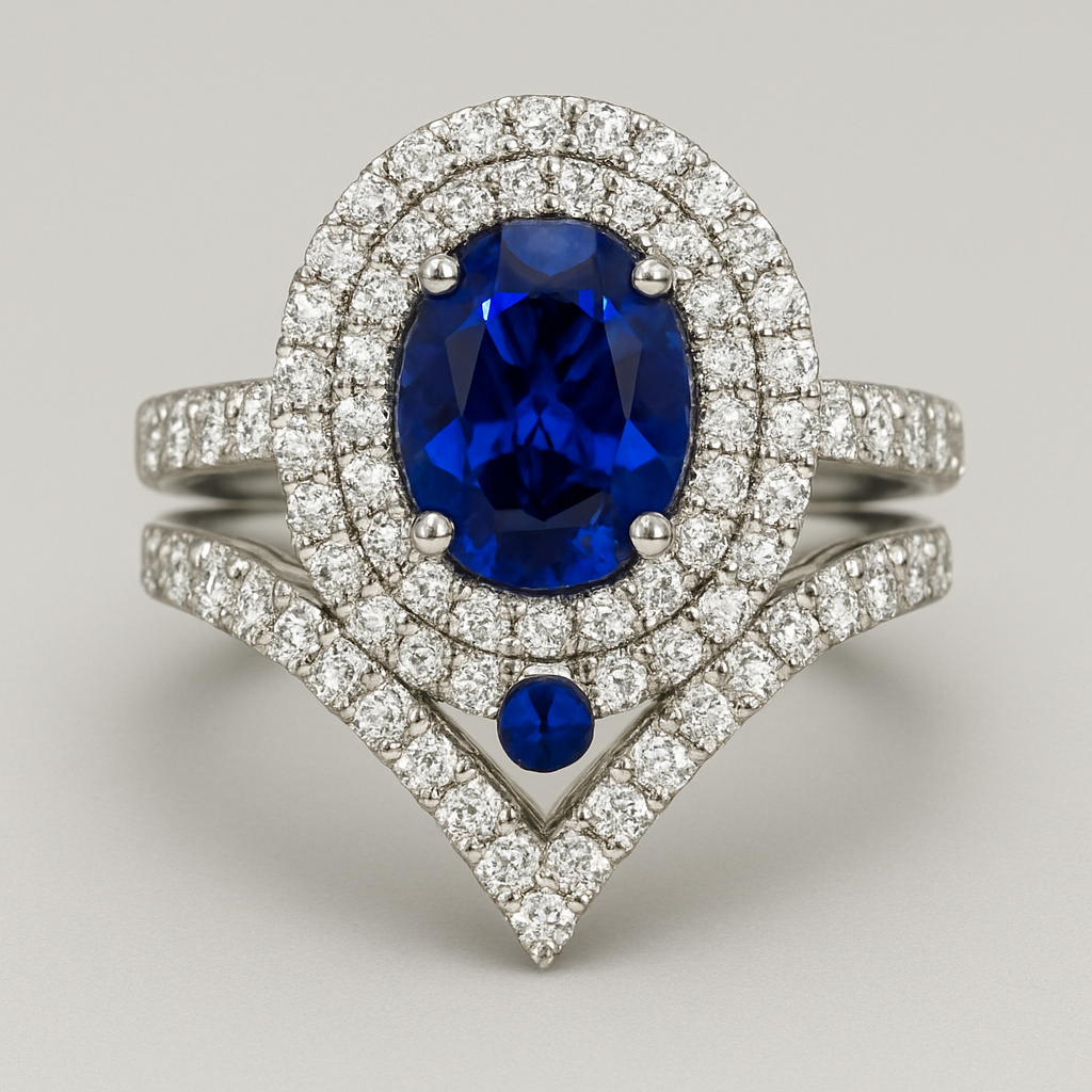 1 1/2 ct Blue sapphire center stone with diamond triple halo. Under the center stone add a blue sapphire underneath the head of the stone (Vera wang style) & a slightly thick diamond band with a v shape gap in the center of the band, in that center add blue sapphires going from big the little. The band should look like \\// that.