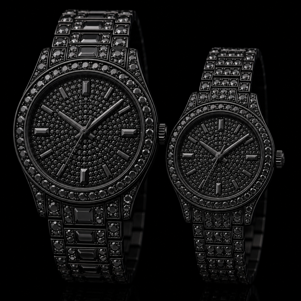 Black Diamond his and her watches
photorealistic jewelry design, Black Diamond his and her watches , just the design no text
