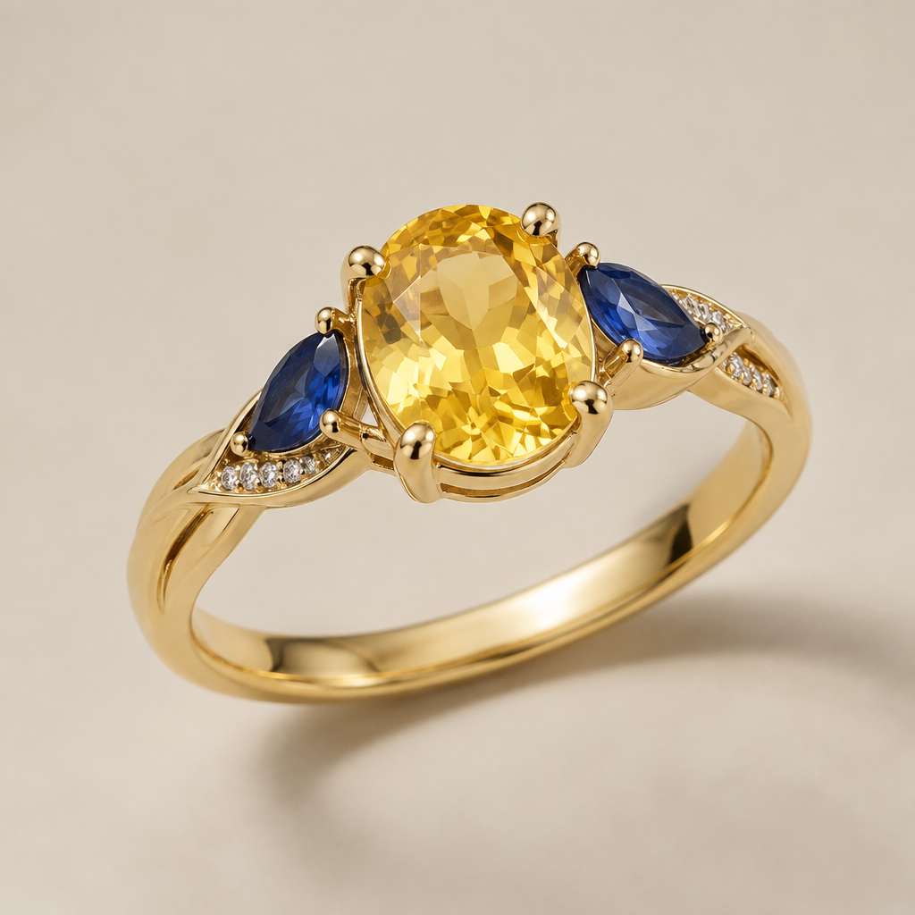 A women's ring with topaz and sapphire stones suitable for daily wear. yellow sapphire
photorealistic jewelry design, A women's ring with topaz and sapphire stones suitable for daily wear. yellow sapphire, modern style, just the design no text