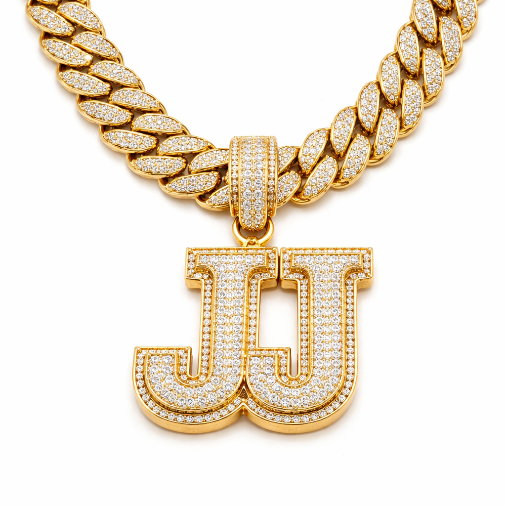 I want like a small Cuban with a pendant with JJ on it with diamonds
