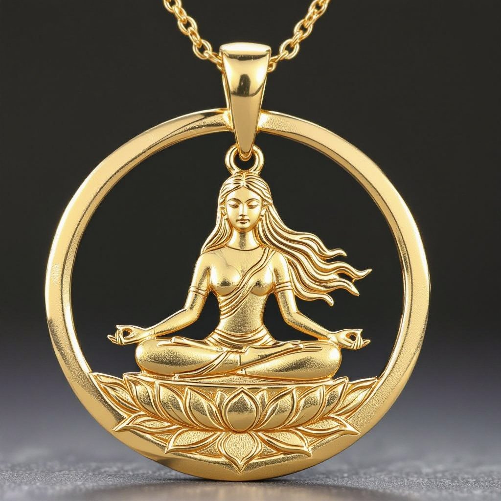 Золотой кулон в виде неровного круга в круге выгравирована женщина с длинными волосами в позе лотоса