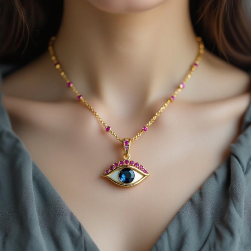 Тонкая цепочка с золотыми шариками и мелкими розовыми камушками на цепочке есть кулон в форме глаза, зрачок глаза из темно синего камня 