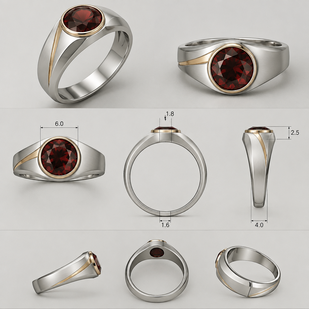 A modern men's ring made of silver with garnet stones suitable for daily wear, ultra-minimalist, very simple and clean, understated, no embellishments. a signet ring for the little finger with a beautiful 6mm round garnet in a bezel setting the ring can have a small splash or line of gold for contrast i would like a detailed sketch and design with measument
photorealistic jewelry design, A modern men's ring made of silver with garnet stones suitable for daily wear, ultra-minimalist, very simple and clean, understated, no embellishments. a signet ring for the little finger with a beautiful 6mm round garnet in a bezel setting the ring can have a small splash or line of gold for contrast i would like a detailed sketch and design with measument, modern style, just the design no text