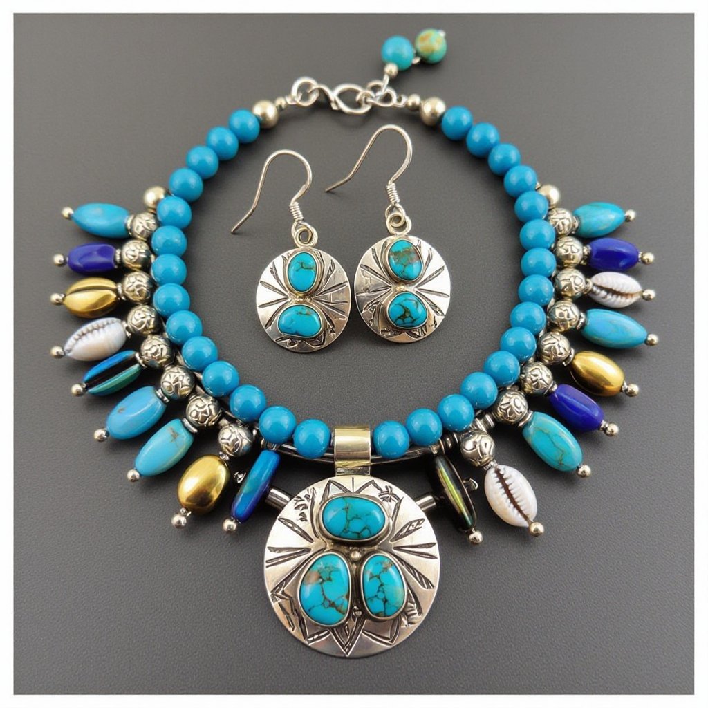 Sea inspired jewelry set, with different blue shades pearls and small shells and golden details