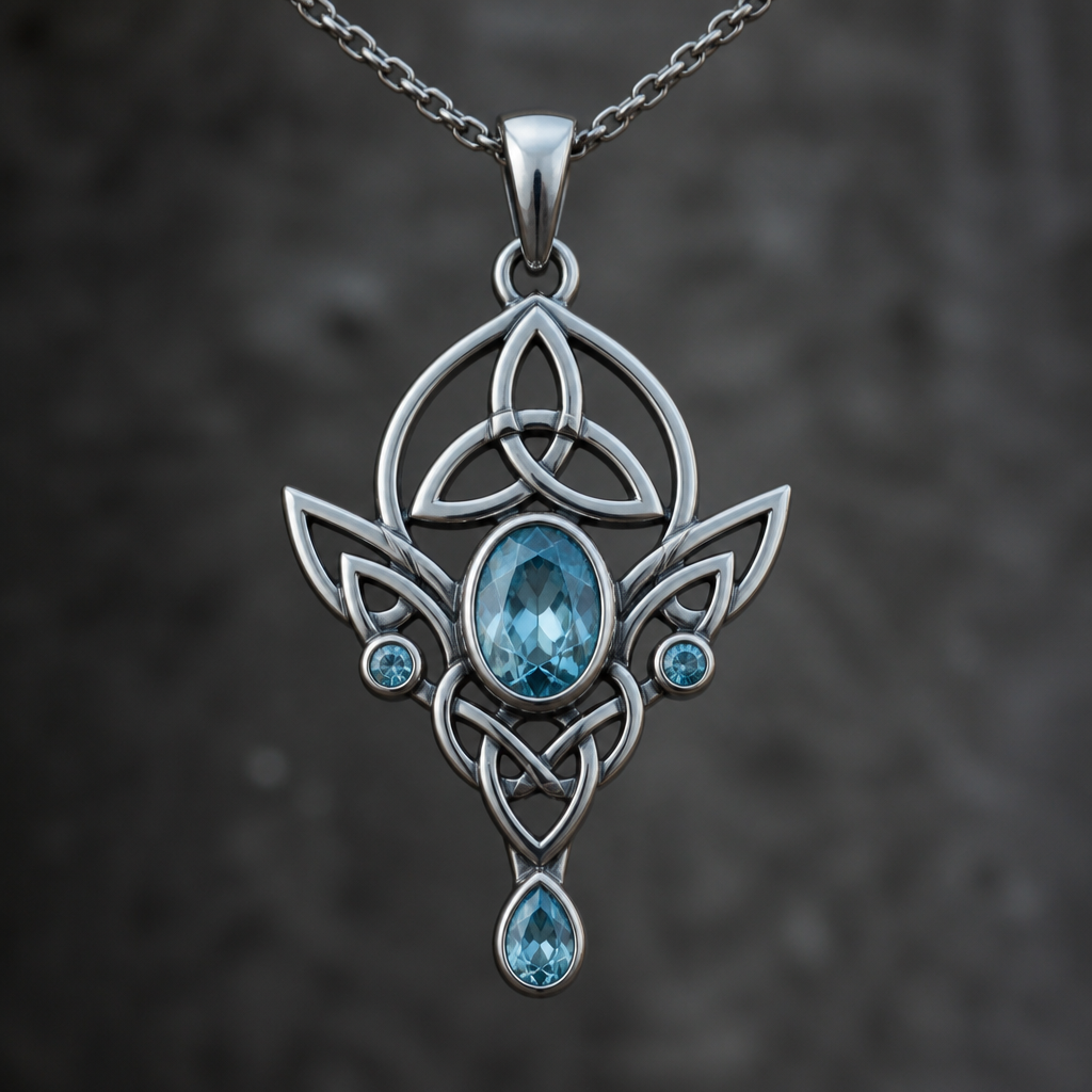 A celtic women's pendant made of titanium with topaz stones suitable for festival
photorealistic jewelry design, A celtic women's pendant made of titanium with topaz stones suitable for festival, celtic style, just the design no text