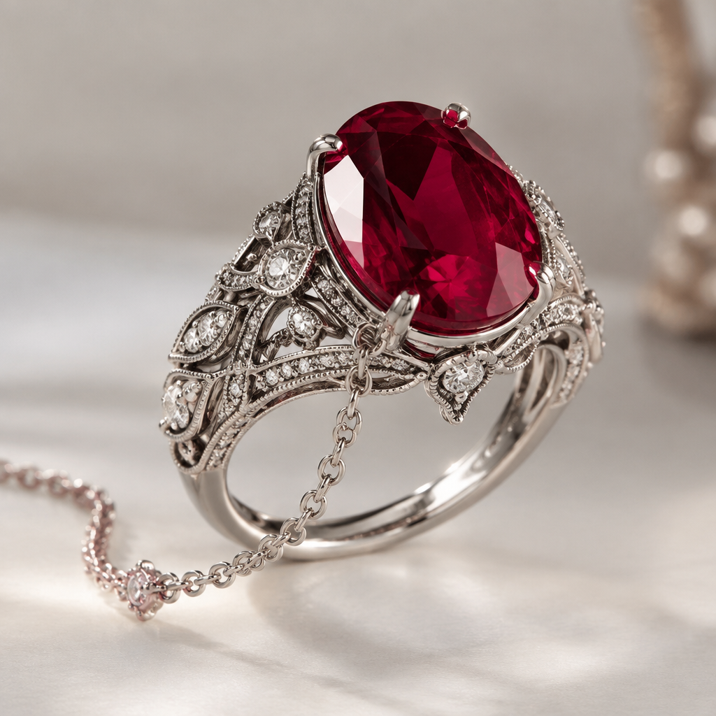 A women's ring. a vinage pandana gilver color with a huge ruby and gilver chane
photorealistic jewelry design, A women's ring. a vinage pandana gilver color with a huge ruby and gilver chane, modern style, just the design no text