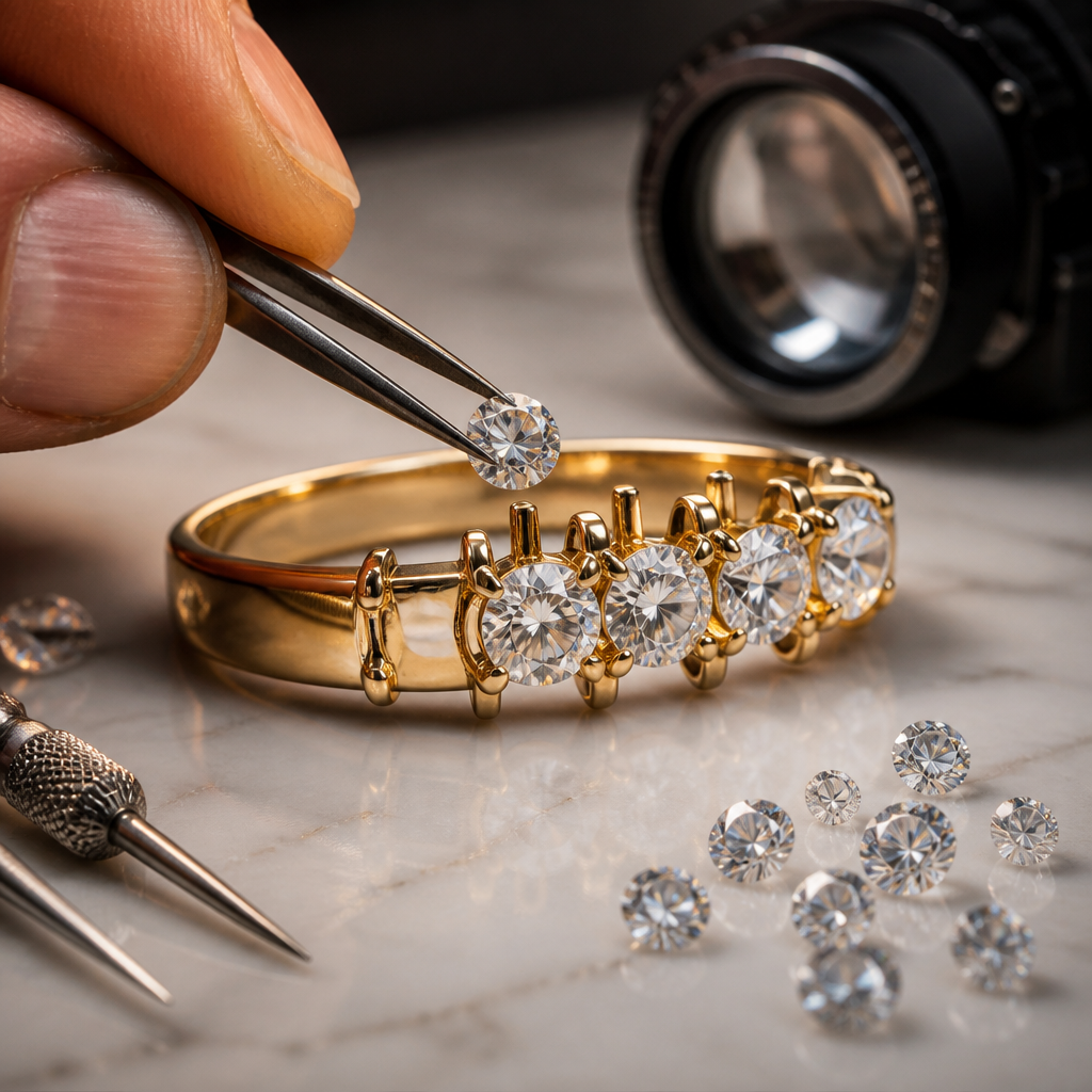 Ultra realistic luxury jewelry workshop scene, macro photography of a master jeweler carefully mounting brilliant round diamonds one by one onto a custom-made yellow gold ring setting. The ring is placed on a glossy white marble surface beside a black diamond loupe. Tiny precision tools, diamond tweezers, and loose sparkling diamonds scattered around the ring. Show different stages of stone setting: one diamond being placed into the prongs, another already secured, others waiting nearby. Cinematic lighting, extreme detail, sharp focus on diamonds and gold texture, premium luxury atmosphere, elegant reflections, soft shadows, high-end jewelry craftsmanship, photorealistic, 8K, shallow depth of field, Cartier/Bvlgari style product photography, dramatic macro close-up, sparkling diamond fire, professional atelier environment, vertical composition 9:16.
photorealistic jewelry design, Ultra realistic luxury jewelry workshop scene, macro photography of a master jeweler carefully mounting brilliant round diamonds one by one onto a custom-made yellow gold ring setting. The ring is placed on a glossy white marble surface beside a black diamond loupe. Tiny precision tools, diamond tweezers, and loose sparkling diamonds scattered around the ring. Show different stages of stone setting: one diamond being placed into the prongs, another already secured, others waiting nearby. Cinematic lighting, extreme detail, sharp focus on diamonds and gold texture, premium luxury atmosphere, elegant reflections, soft shadows, high-end jewelry craftsmanship, photorealistic, 8K, shallow depth of field, Cartier/Bvlgari style product photography, dramatic macro close-up, sparkling diamond fire, professional atelier environment, vertical composition 9:16., just the design no text