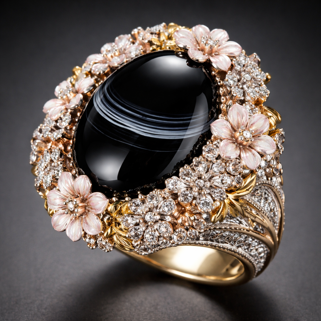 Black agate gemstone with flower bezel around it