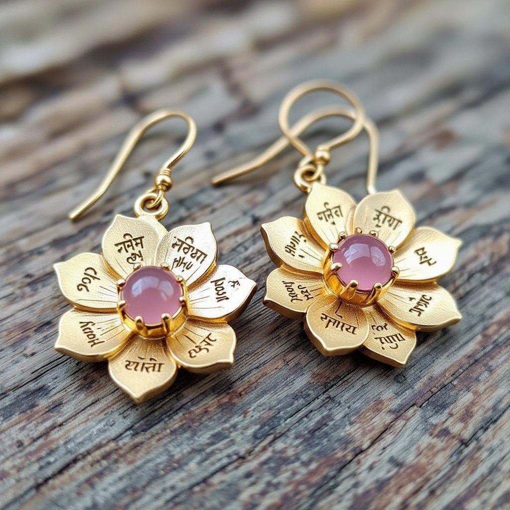 Gold-colored matte ring earrings. The diameter is 1 cm. Pendant in the form of a flat lotus with 6 petals. In the center of the lotus is a rose quartz stone. There are mantras in Sanskrit in small print on the petals.