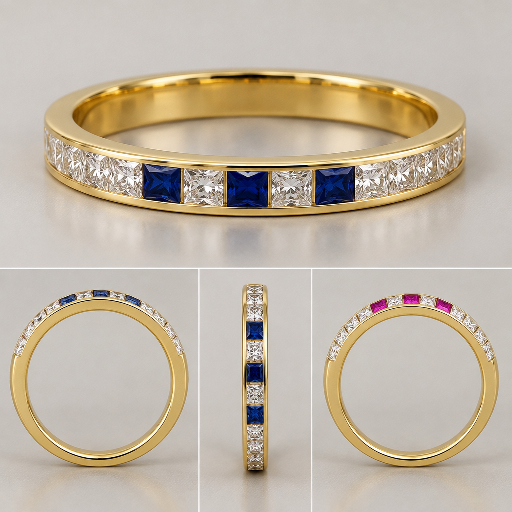 A women's ring made of gold with diamond and sapphire and amethyst stones, minimalist, simple and delicate, clean lines. An full ETERNITY Ring.
Ring metal: Yellow Gold.
Size UK size L1/2.
3mm ring band width.
Have smooth continuous gold on the inside and sides of the ring. Stones only visible from top or underneath.
Diamonds to be princess cut and held in thin 1mm channels.
All stones to be clear diamonds EXCEPT for three x blue sapphires on one side, each separated by one clear diamond. AND 180 degress on the other side, three vivid pink sapphires. So the pink stones are symmetrically exactly opposite the blue ones.
photorealistic jewelry design, A women's ring made of gold with diamond and sapphire and amethyst stones, minimalist, simple and delicate, clean lines. An full ETERNITY Ring.
Ring metal: Yellow Gold.
Size UK size L1/2.
3mm ring band width.
Have smooth continuous gold on the inside and sides of the ring. Stones only visible from top or underneath.
Diamonds to be princess cut and held in thin 1mm channels.
All stones to be clear diamonds EXCEPT for three x blue sapphires on one side, each separated by one clear diamond. AND 180 degress on the other side, three vivid pink sapphires. So the pink stones are symmetrically exactly opposite the blue ones., modern style, just the design no text