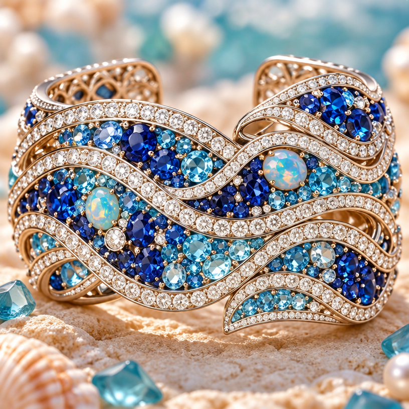 A nature-inspired women's bracelet made of gold with sapphire and opal and diamond stones, highly ornate, intricate and elaborate, richly detailed. 3 OCEAN WAVE CUFF BRACELET
* Step by Step Process:
* 1: Interlocking S-curves for fluid waves.
* 2: Set sapphires, swiss blue topaz & aquamarine.
* 3: Add pavé diamond borders.
* 4: Polish and final quality check.
* Design: Wide bracelet with fluid, overlapping waves.
* Gemstones: Deep sapphire, swiss blue topaz, light aquamarine (gradient).
* Metal: Platinum / White gold with pavé diamonds.
using the attached image as a visual reference, create A nature-inspired women's bracelet made of gold with sapphire and opal and diamond stones, highly ornate, intricate and elaborate, richly detailed. 3 OCEAN WAVE CUFF BRACELET
* Step by Step Process:
* 1: Interlocking S-curves for fluid waves.
* 2: Set sapphires, swiss blue topaz & aquamarine.
* 3: Add pavé diamond borders.
* 4: Polish and final quality check.
* Design: Wide bracelet with fluid, overlapping waves.
* Gemstones: Deep sapphire, swiss blue topaz, light aquamarine (gradient).
* Metal: Platinum / White gold with pavé diamonds.. photorealistic, just the design no text