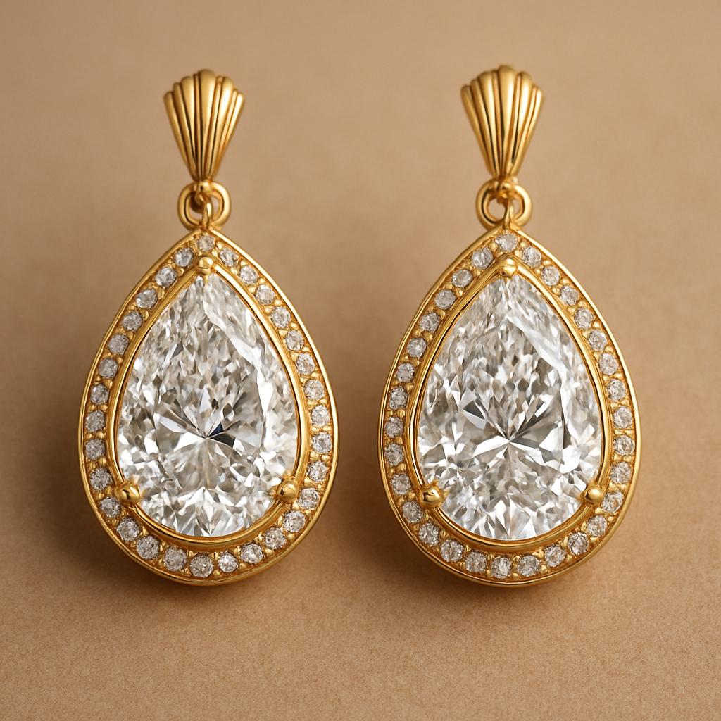 A pear shaped diamond eraings with a gold borders 