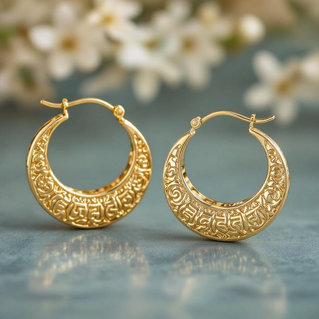 Серьги золотые в форме полукруга, полукруг как продолжение застежки, на полукруге надписи мантрами на санскрите