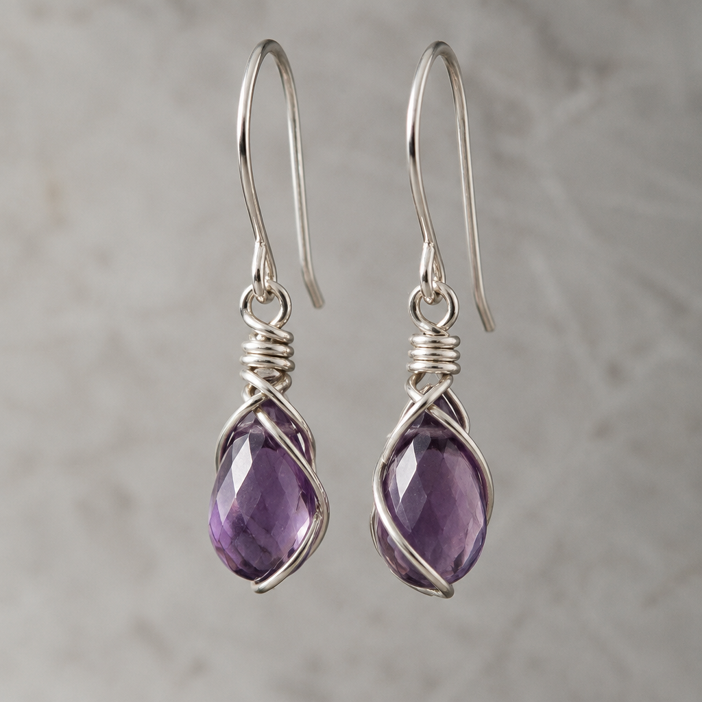 A wire-wrapped women's earrings made of silver with amethyst stones, minimalist, simple and delicate, clean lines
photorealistic jewelry design, A wire-wrapped women's earrings made of silver with amethyst stones, minimalist, simple and delicate, clean lines, wire_wrapped style, just the design no text