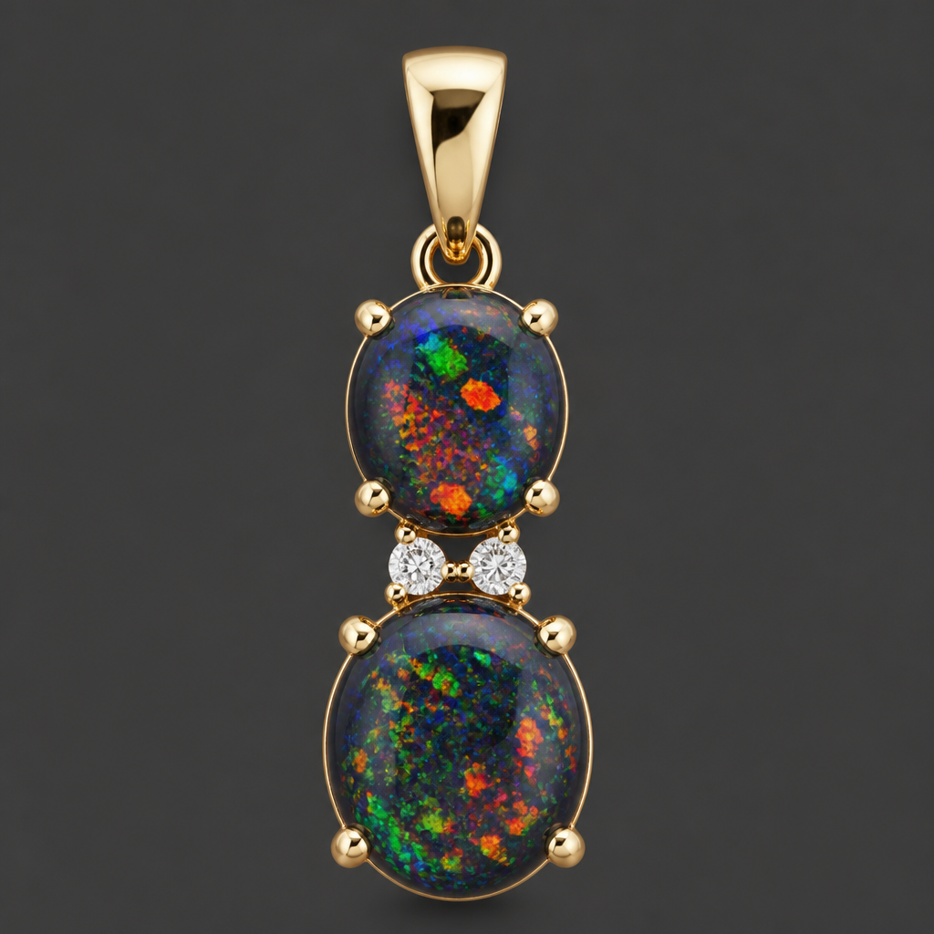 2 black fire oval opals
photorealistic jewelry design, 2 black fire oval opals, pendant style, just the design no text
