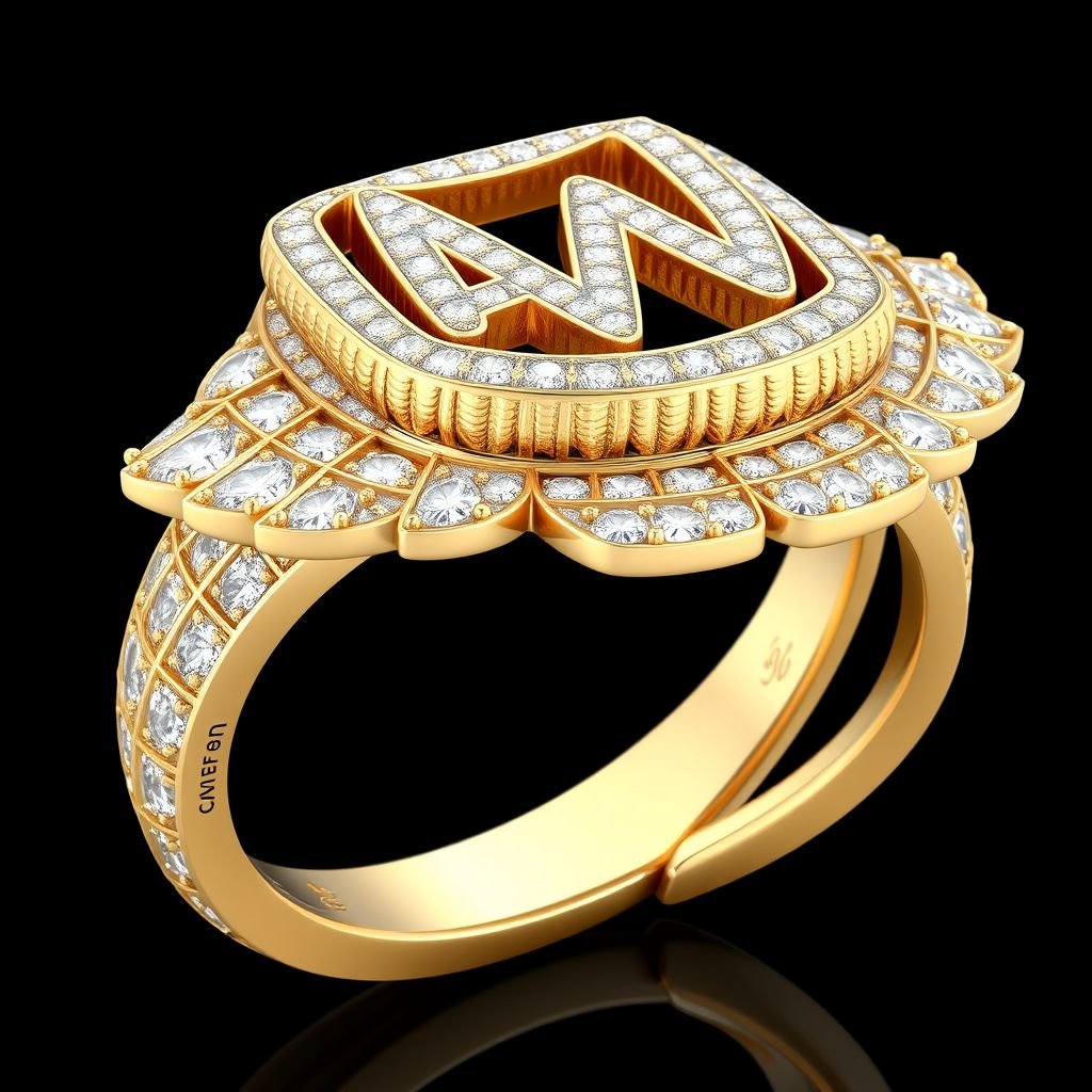 Big AW in the middle at the top small writing always at the bottom small writing working at one side of the ring always on the other side of the ring Wing ring in a circular square big and bulky fully ice that diamonds in gold and white gold mix
