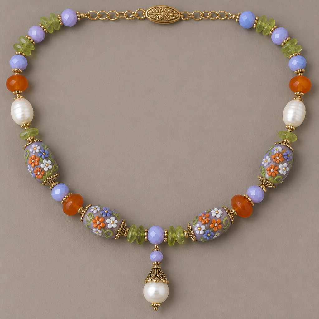 Lamp work beads with orange white purple flowers with green vines 14mm x 8mm, lavender faceted opaque crystals 7.5mm rounds, potato shaped white freshwater pearls 9mm, peridot chips 7.5mm, orange carnelian rondels 9.5mm x 5mm necklace
photorealistic jewelry design, Lamp work beads with orange white purple flowers with green vines 14mm x 8mm, lavender faceted opaque crystals 7.5mm rounds, potato shaped white freshwater pearls 9mm, peridot chips 7.5mm, orange carnelian rondels 9.5mm x 5mm necklace , victorian style, just the design no text