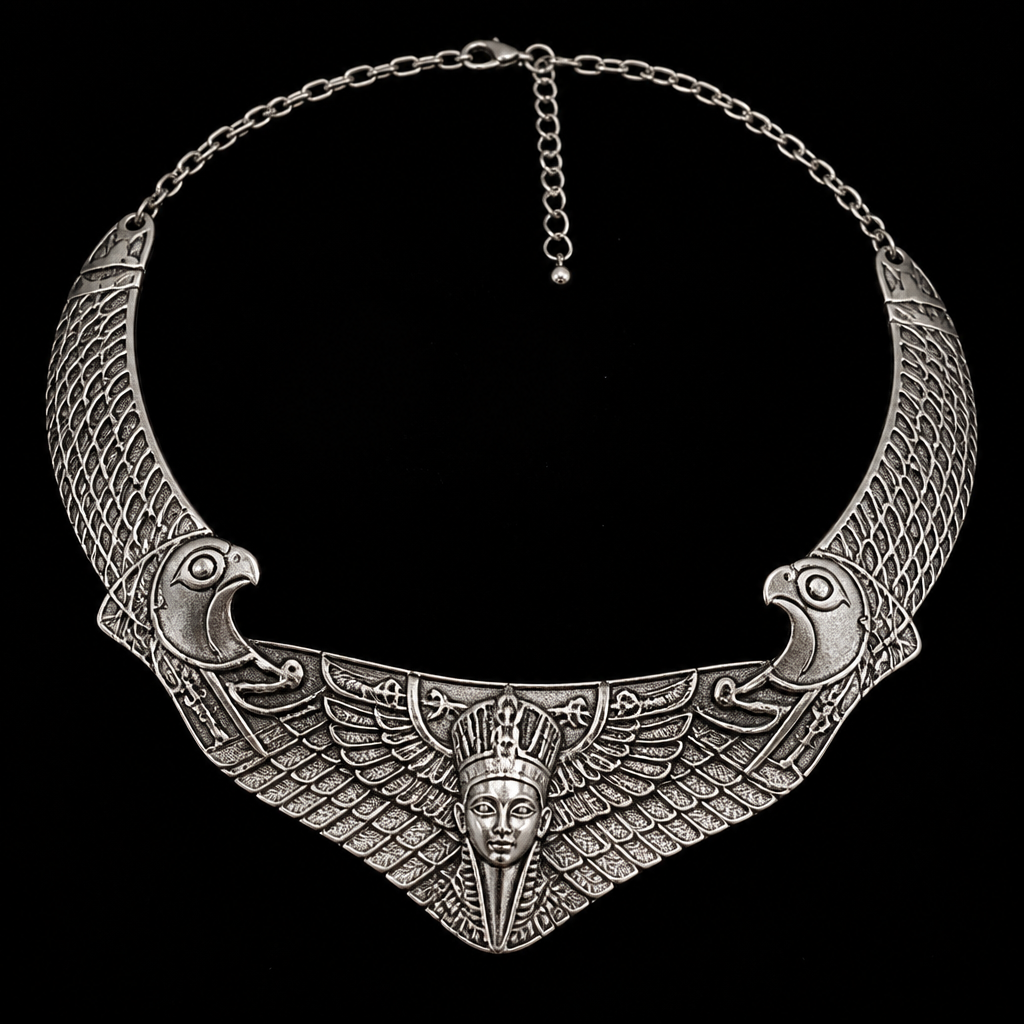 A egyptian women's necklace made of silver, detailed and decorative, moderately ornate
photorealistic jewelry design, A egyptian women's necklace made of silver, detailed and decorative, moderately ornate, egyptian style, just the design no text