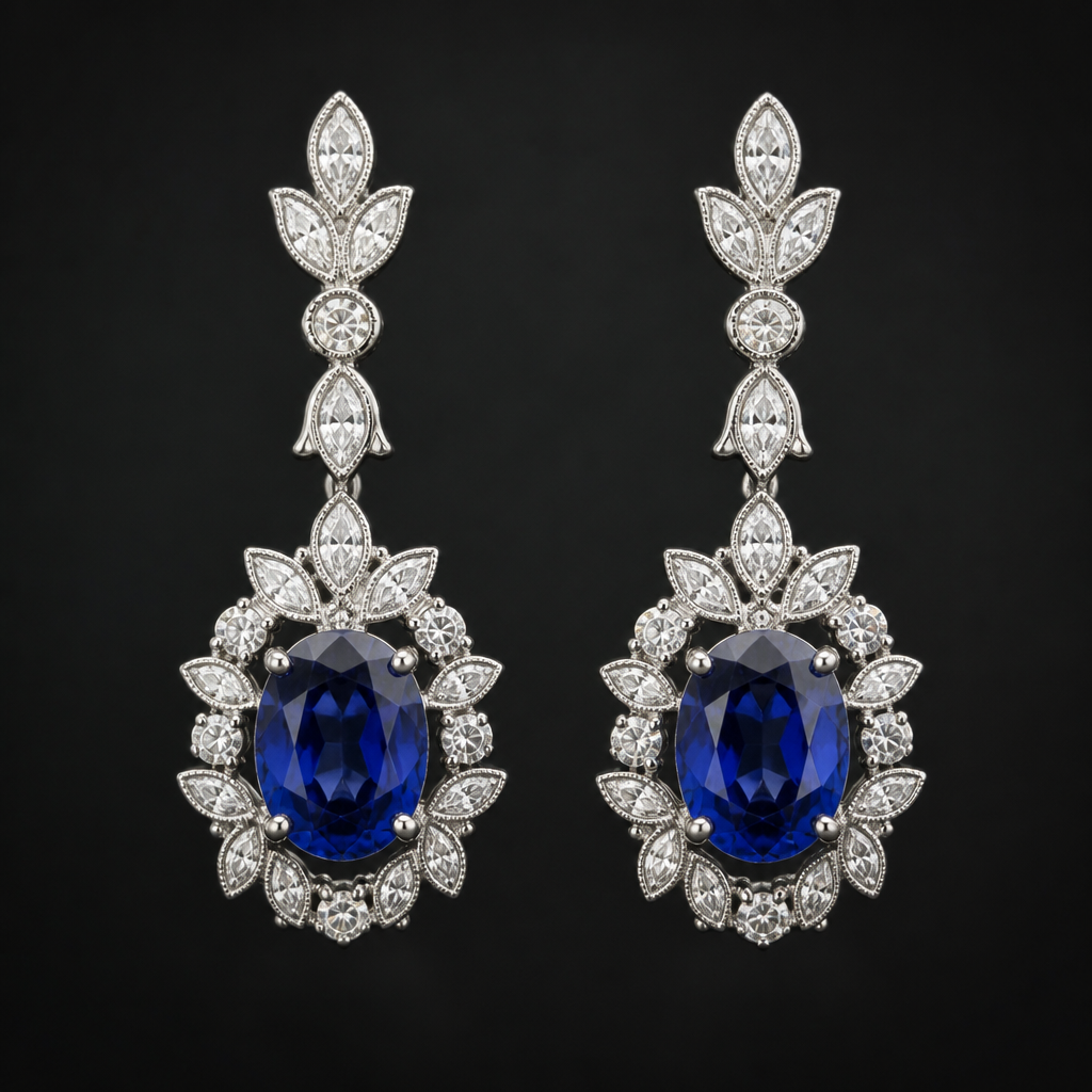 A royal women's earrings made of white gold with sapphire stones, detailed and decorative, moderately ornate. diamond Marquees 0.05ct to 0.15ct each, gemstone Oval shape blue sappire 0.70ct each
photorealistic jewelry design, A royal women's earrings made of white gold with sapphire stones, detailed and decorative, moderately ornate. diamond Marquees 0.05ct to 0.15ct each, gemstone Oval shape blue sappire 0.70ct each, royal style, just the design no text